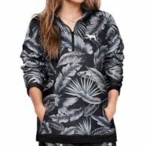 PINK Quarter-Zip Floral Pullover Black and Grey